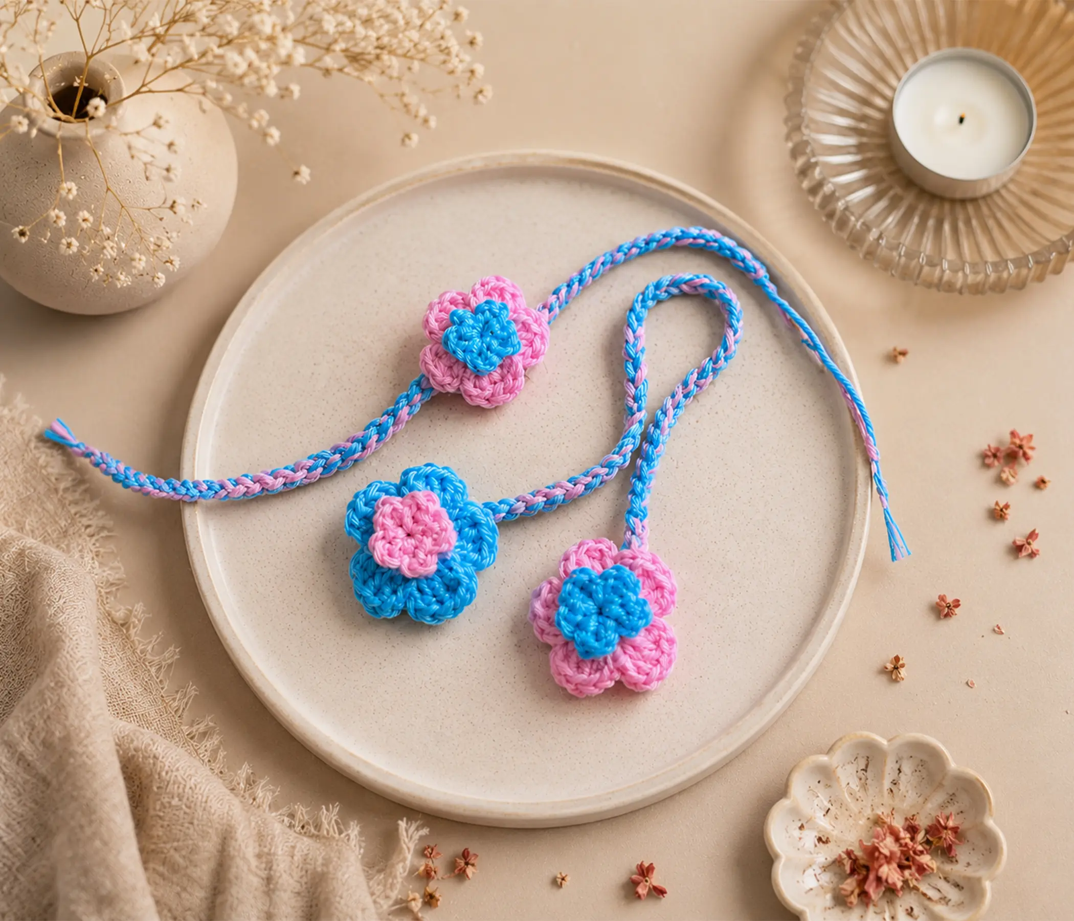 Pastel Blooms: Hand-Crocheted Bhaiya-Bhabhi Rakhi Set